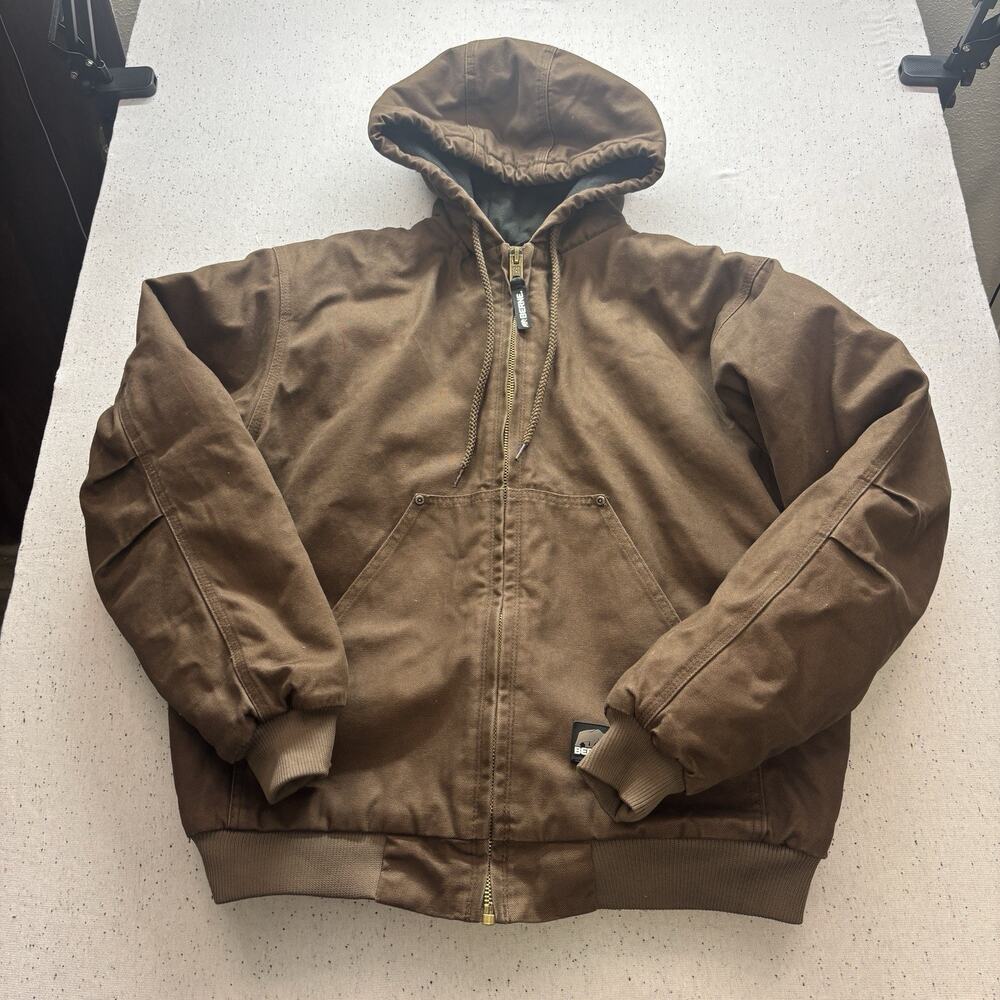 Berne Workwear Men's Large Brown Canvas Duck Hooded Jacket Quilt Lined Work Coat